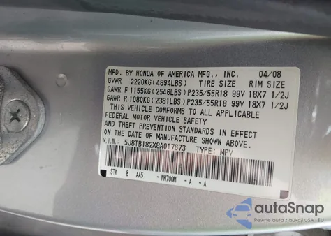 2008 Acura Rdx z USA, uszkodzony, nr VIN 5J8TB182X8A017673